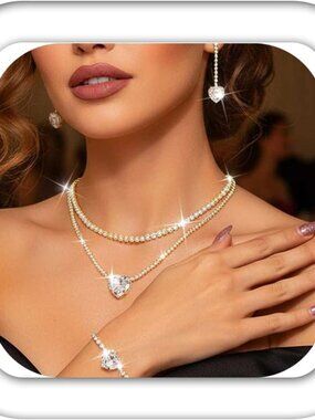 Wedding Jewelry Set Silver Rhinestone Heart Necklace Earring Bracelet Sets Costu
